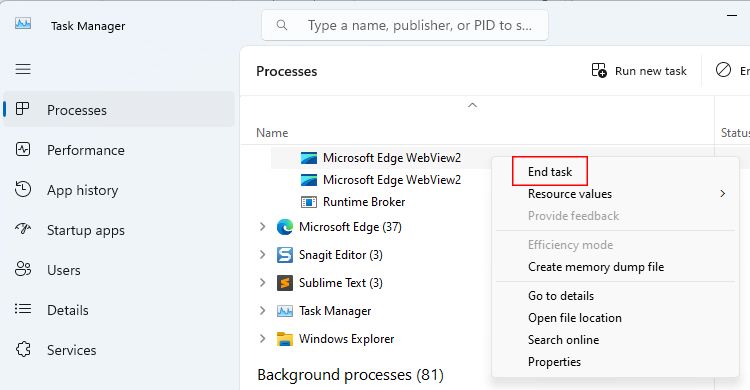 Как исправить процесс Microsoft Edge WebView2, использующий память Windows